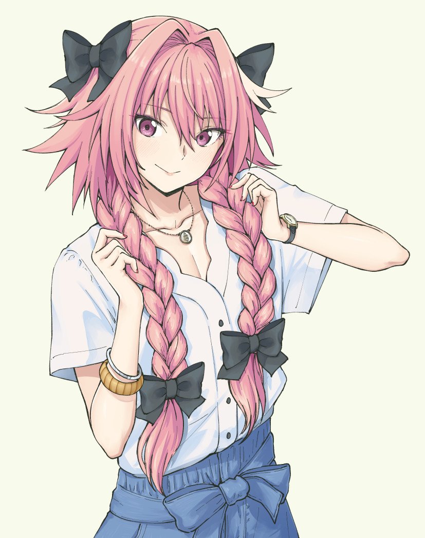 1boy astolfo_(fate) bangs black_bow blue_skirt blush bow bracelet braid closed_mouth collarbone eyelashes fate/apocrypha fate_(series) hair_between_eyes hair_bow hair_intakes hand_in_hair jewelry long_braid long_hair looking_at_viewer male_focus multicolored_hair necklace pas_(paxiti) pink_hair shirt short_sleeves simple_background skirt smile solo streaked_hair trap twin_braids violet_eyes watch watch white_background white_shirt