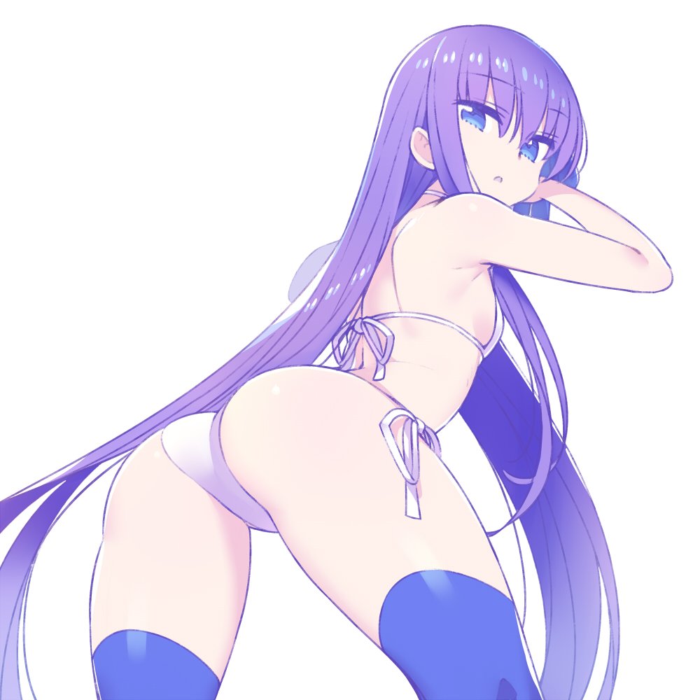1girl ass bangs bikini blue_eyes blue_legwear breasts chan_co cowboy_shot eyebrows_visible_through_hair fate/extra fate/extra_ccc fate/grand_order fate_(series) long_hair looking_at_viewer looking_back meltlilith open_mouth purple_hair side-tie_bikini simple_background small_breasts swimsuit thigh-highs very_long_hair white_background white_bikini