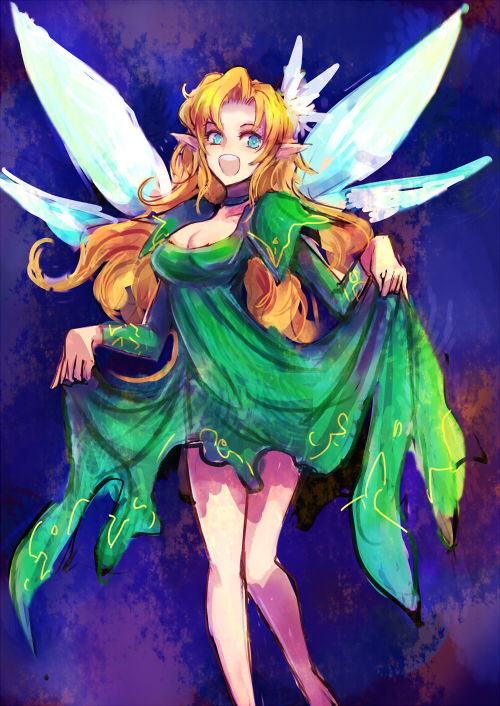 1girl blonde_hair blue_eyes breasts cleavage commentary_request dress fairy_wings flower green_dress hair_flower hair_ornament kara_(color) long_hair megami_tensei pointy_ears shin_megami_tensei solo titania_(megami_tensei) wings