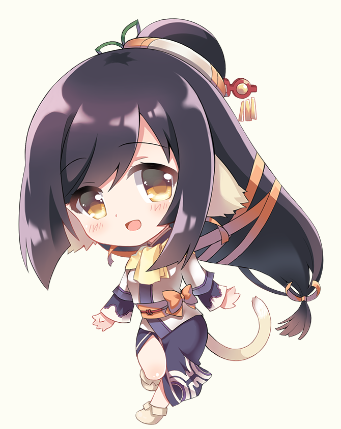 1girl :d ainu_clothes animal_ears bangs beige_background black_hair black_skirt blush brown_eyes brown_footwear chibi commentary_request eyebrows_visible_through_hair full_body hair_between_eyes hair_bun hair_ornament japanese_clothes kimono kuon_(utawareru_mono) long_hair long_sleeves looking_at_viewer low-tied_long_hair obi open_mouth sash short_kimono simple_background skirt smile solo standing standing_on_one_leg tail utawareru_mono utawareru_mono:_itsuwari_no_kamen very_long_hair white_kimono zinczinc_ka