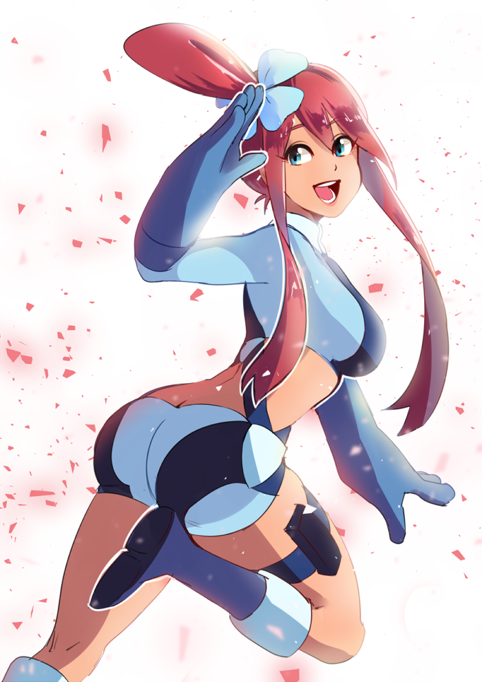 1girl arm_up ass azuumori blue_eyes blue_footwear blue_gloves blue_shirt blue_shorts boots breasts butt_crack crop_top female from_behind fuuro_(pokemon) gloves gym_leader hair_ornament happy large_breasts leg_up long_hair looking_back looking_to_the_side midriff open_mouth pokemon pokemon_(game) pokemon_bw redhead shiny shiny_hair shirt short_shorts shorts simple_background smile solo teeth thigh-highs thigh_boots thigh_strap white_background