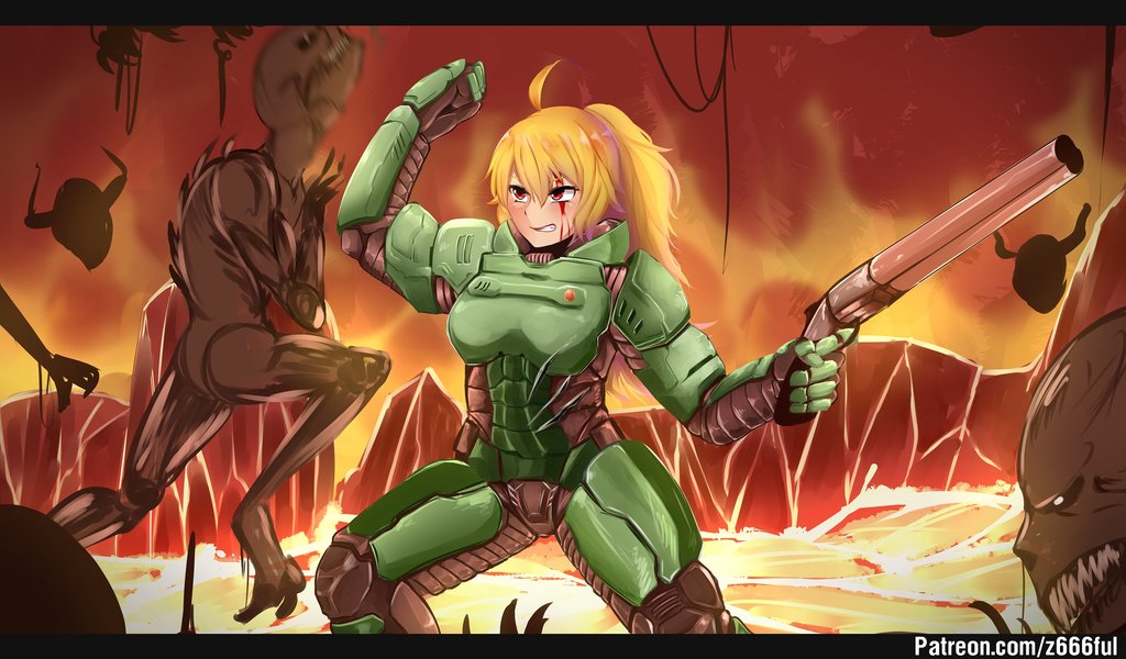 1girl armor blonde_hair blood blood_on_face cosplay crossover demon doom_(game) doomguy doomguy_(cosplay) face_punch green_armor gun hell holding holding_weapon horns in_the_face long_hair nas_(z666ful) punching red_eyes shotgun spikes wavy_hair weapon yang_xiao_long