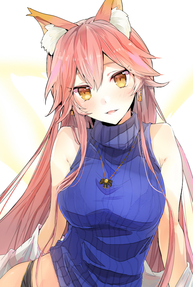 1girl alternate_hair_length alternate_hairstyle animal_ears bangs bare_shoulders bell bell_earrings black_panties blue_sweater blush breasts brown_eyes earrings fate/extra fate/grand_order fate_(series) fox_ears grey_background hair_between_eyes jewelry large_breasts long_hair looking_at_viewer multiple_tails no_pants panties parted_lips pendant pink_hair ribbed_sweater shirt simple_background sleeveless sleeveless_turtleneck smile sweater tail tamamo_(fate)_(all) tamamo_no_mae_(fate) tomozero turtleneck turtleneck_sweater underwear very_long_hair white_shirt