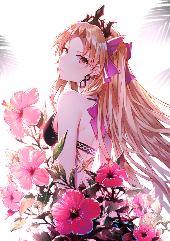 1girl alternate_costume back bangs bare_shoulders black_bikini_top blonde_hair branch breasts closed_mouth commentary_request earrings ereshkigal_(fate/grand_order) expressionless fate/grand_order fate_(series) floating_hair flower from_behind hair_ribbon hakuishi_aoi head_tilt hibiscus hoop_earrings infinity jewelry long_hair looking_at_viewer looking_back medium_breasts parted_bangs pink_flower pink_ribbon plant red_eyes ribbon shade shiny shiny_hair solo tiara two_side_up very_long_hair white_background