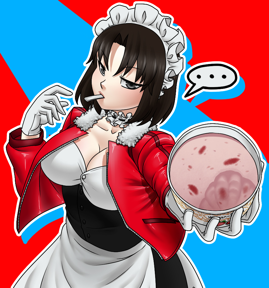 ... 1girl alternate_costume apron black_hair breasts choker cleavage enmaided fate/grand_order fate_(series) food frilled_choker frills gloves grey_eyes ice_cream jacket kara_no_kyoukai large_breasts looking_at_viewer maid maid_headdress mouth_hold outstretched_hand red_jacket ryougi_shiki short_hair solo spoon straw_berry_ice vixagri waist_apron white_gloves
