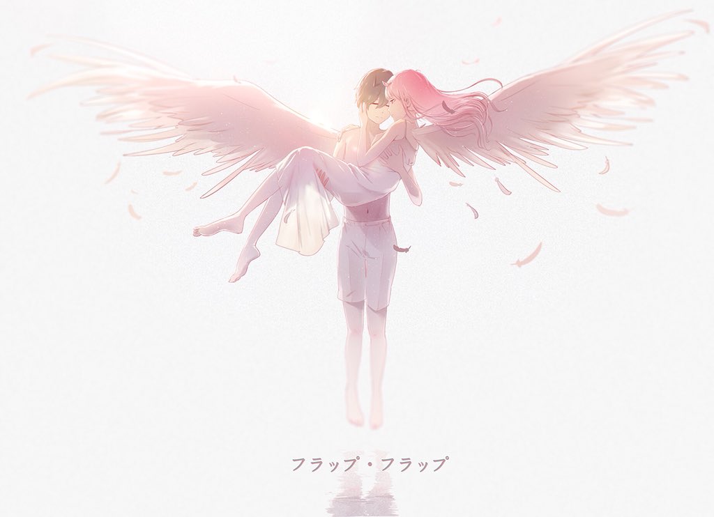 002fdy 1boy 1girl bangs bare_shoulders barefoot black_hair blue_horns breasts carrying closed closed_eyes collarbone commentary_request couple darling_in_the_franxx dress feathers forehead-to-forehead grey_shorts hand_on_another's_back hand_on_another's_face hand_on_another's_leg hetero hiro_(darling_in_the_franxx) horns long_hair looking_at_another medium_breasts navel oni_horns pink_hair princess_carry red_horns shirtless short_hair shorts sleeveless sleeveless_dress translated white_dress white_wings wings zero_two_(darling_in_the_franxx)