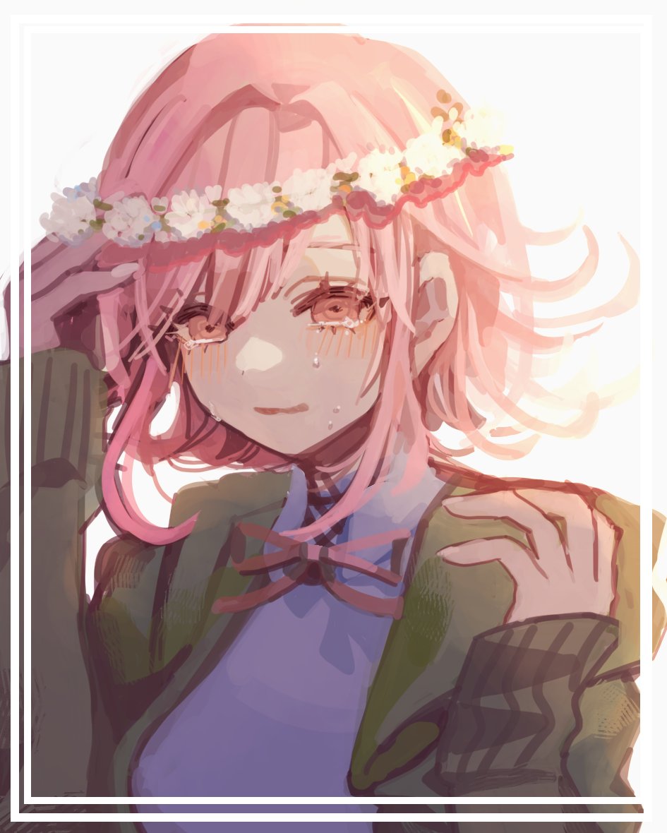 1girl bangs blush breasts closed_mouth cowboy_shot dangan_ronpa eyebrows_visible_through_hair frame hair_between_eyes hair_ornament head_wreath hood hoodie long_sleeves nanami_chiaki open_clothes pink_eyes pink_hair portrait sdr_roll0808 shirt short_hair simple_background smile solo solo_focus standing super_dangan_ronpa_2 tears upper_body white_background white_shirt