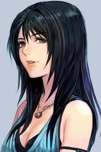 1girl bare_shoulders black_hair blue_dress breasts brown_hair cleavage dress eyebrows_visible_through_hair face final_fantasy final_fantasy_viii grey_eyes hankuri jewelry long_hair multicolored_hair necklace parted_lips rinoa_heartilly simple_background sleeveless_duster solo streaked_hair undershirt
