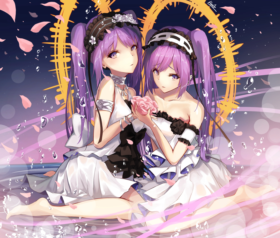 2girls arm_strap armlet augu_(523764197) back_bow barefoot bow choker collarbone dress euryale eyebrows_visible_through_hair fate/apocrypha fate_(series) floating_hair hair_between_eyes hairband jewelry lens_flare lolita_hairband long_hair looking_at_viewer multiple_girls necklace parted_lips purple_hair short_dress siblings sisters sleeveless sleeveless_dress stheno strapless strapless_dress twintails very_long_hair violet_eyes white_dress