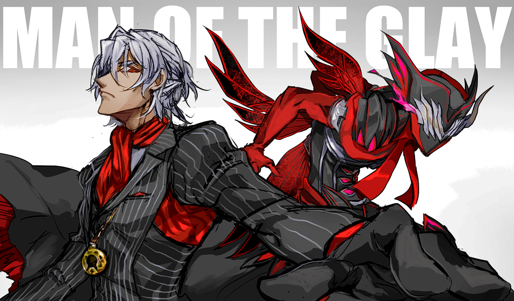 2boys antonio_salieri_(fate/grand_order) black_gloves closed_mouth cravat dual_persona engrish fate/grand_order fate_(series) formal gloves gradient gradient_background grey_background grey_hair jewelry looking_at_viewer male_focus mask multiple_boys necklace nonono_nagata pinstripe_pattern ranguage red_eyes red_gloves red_neckwear striped suit upper_body white_background