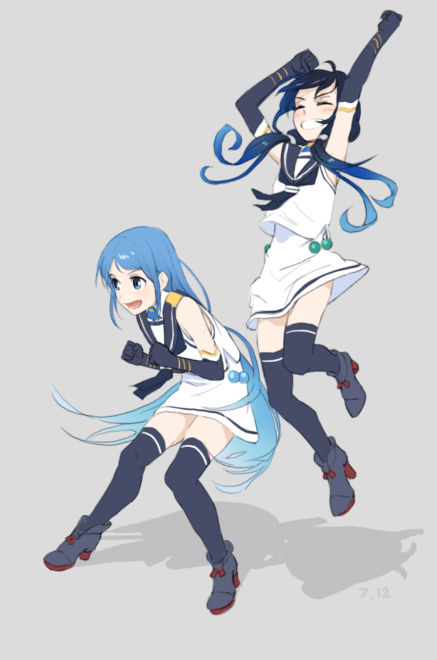 2girls arms_up blue_eyes blue_gloves blue_hair clenched_hands closed_eyes elbow_gloves full_body gloves gradient_hair grey_background grin high_heels highres jumping kantai_collection koubakotone long_hair low_twintails multicolored_hair multiple_girls neckerchief open_mouth sailor_collar samidare_(kantai_collection) simple_background smile standing suzukaze_(kantai_collection) symbol_commentary thigh-highs twintails