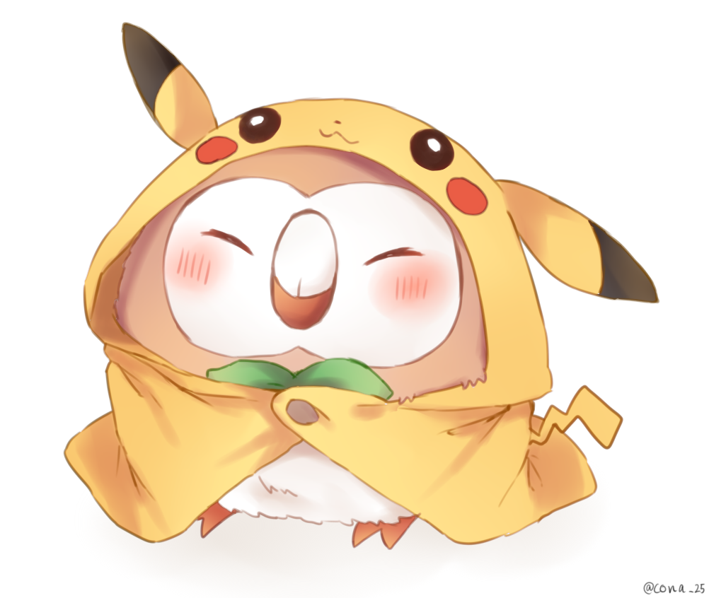 bird blush closed_eyes cosplay hood hoodie pikachu pikachu_(cosplay) pokemon pokemon_(creature) pokemon_(game) pokemon_sm rowlet