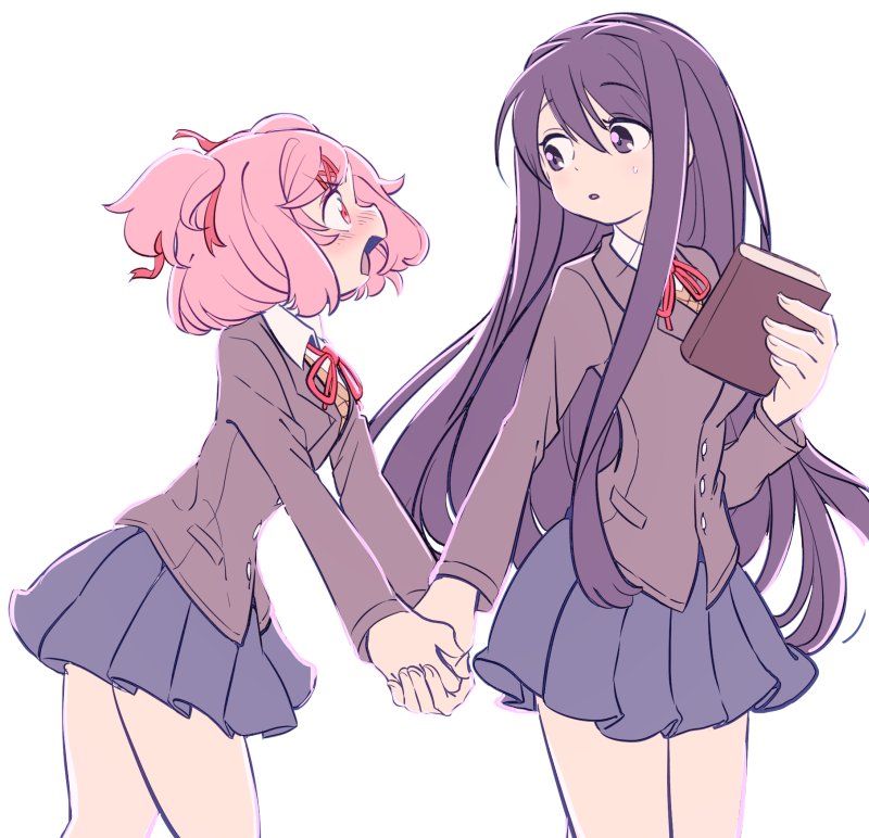 2girls blue_skirt blush book commentary doki_doki_literature_club eyebrows_visible_through_hair hair_ornament hair_ribbon hairclip holding holding_book holding_hand ica_tm long_hair long_sleeves looking_at_another multiple_girls natsuki_(doki_doki_literature_club) open pink_eyes pink_hair pleated_skirt purple_hair red_ribbon ribbon school_uniform short_hair simple_background skirt two_side_up violet_eyes white_background yuri yuri_(doki_doki_literature_club)