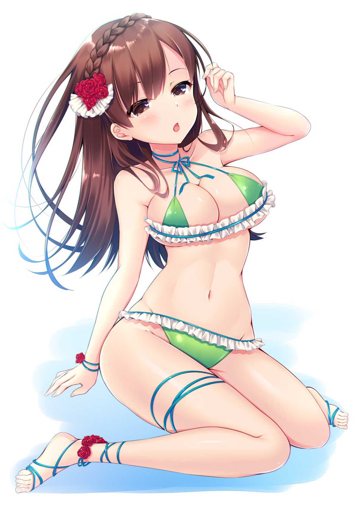 1girl arm_up bangs bare_shoulders bikini blue_ribbon blush braid breasts brown_eyes brown_hair cleavage collarbone commentary_request eyebrows_visible_through_hair fingernails flower frilled_bikini frills green_bikini groin hair_between_eyes hair_flower hair_ornament head_tilt highres kantai_collection ko_yu large_breasts leg_ribbon long_hair looking_at_viewer navel neck_ribbon ooi_(kantai_collection) parted_lips red_flower red_rose ribbon rose sitting solo swimsuit very_long_hair wariza