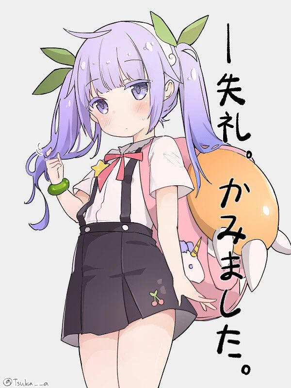 1girl ahoge animal_print azur_lane backpack bag bakemonogatari blush bow bowtie bracelet colored_eyelashes cosplay cowboy_shot eyebrows_visible_through_hair hachikuji_mayoi hachikuji_mayoi_(cosplay) hair_twirling jewelry jpeg_artifacts lavender_eyes lavender_hair long_hair looking_at_viewer monogatari_(series) neck_ribbon pleated_skirt purple_hair ribbon skirt solo suspender_skirt suspenders translation_request tsuka twintails twitter_username unicorn unicorn_(azur_lane) violet_eyes