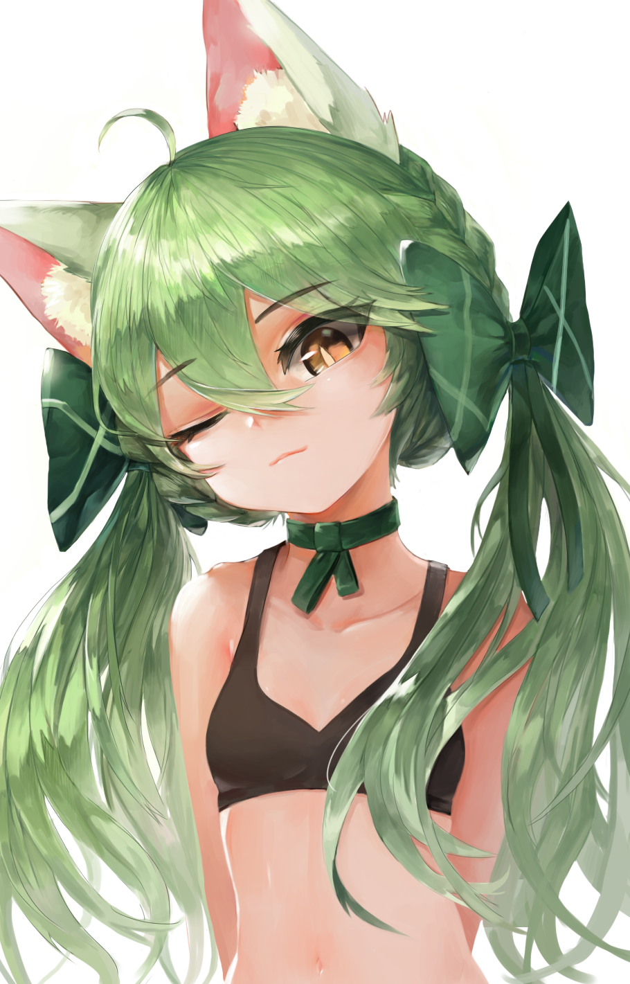 1girl ahoge alternate_costume animal_ears art556_(girls_frontline) bangs bare_shoulders bikini black_bikini blush bow breasts brown_eyes cat_ears choker closed_mouth collarbone dokomon eyebrows_visible_through_hair eyes_visible_through_hair girls_frontline green_bow green_hair hair_between_eyes hair_bow half-closed_eye head_tilt highres long_hair looking_at_viewer navel one_eye_closed sidelocks simple_background small_breasts smile solo stomach swimsuit twintails upper_body very_long_hair white_background