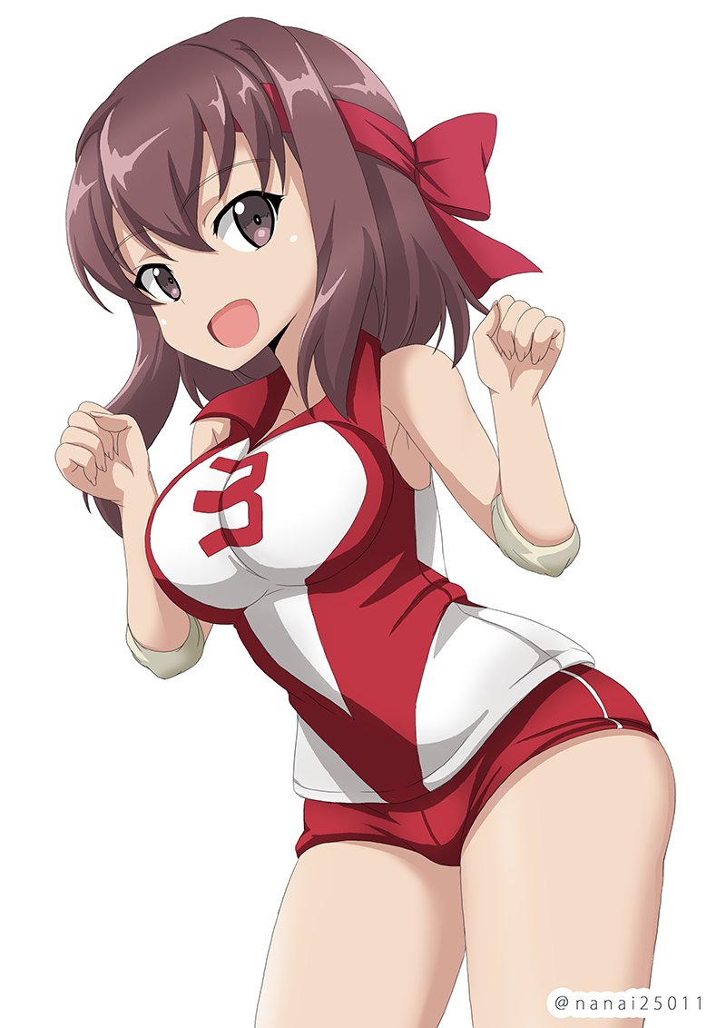 1girl bangs brown_eyes brown_hair clenched_hands commentary cowboy_shot elbow_pads eyebrows_visible_through_hair girls_und_panzer headband kondou_taeko leaning_forward looking_at_viewer open_mouth red_headband red_shirt red_shorts shibagami shirt short_hair short_shorts shorts simple_background sleeveless sleeveless_shirt smile solo sportswear standing twitter_username volleyball_uniform w_arms white_background