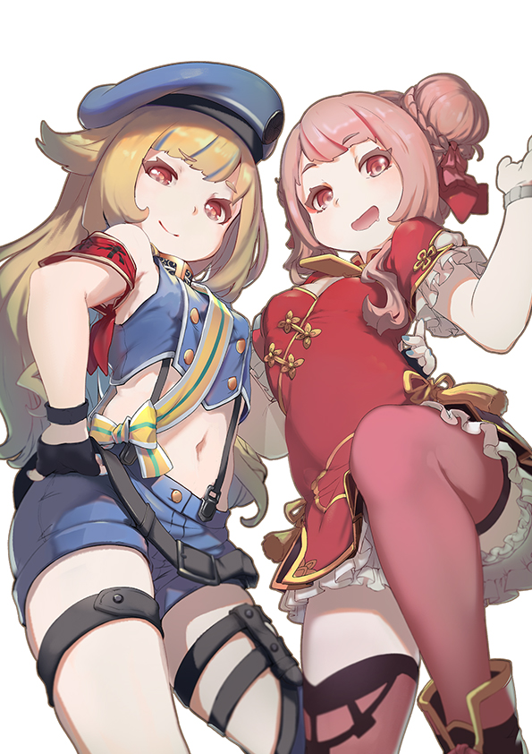 2girls atk7 bangs bare_shoulders belt black_belt black_gloves blonde_hair blue_hat blue_shorts china_dress chinese_clothes double_bun dress frilled_dress frilled_skirt frills gloves hair_ribbon hat himehina_channel long_hair looking_at_viewer midriff multiple_girls navel pink_eyes pink_hair pink_legwear red_dress red_eyes red_ribbon ribbon short_hair shorts sidelocks simple_background skirt smile suspenders suzuki_hina tanaka_hime thigh-highs violet_eyes virtual_youtuber white_background