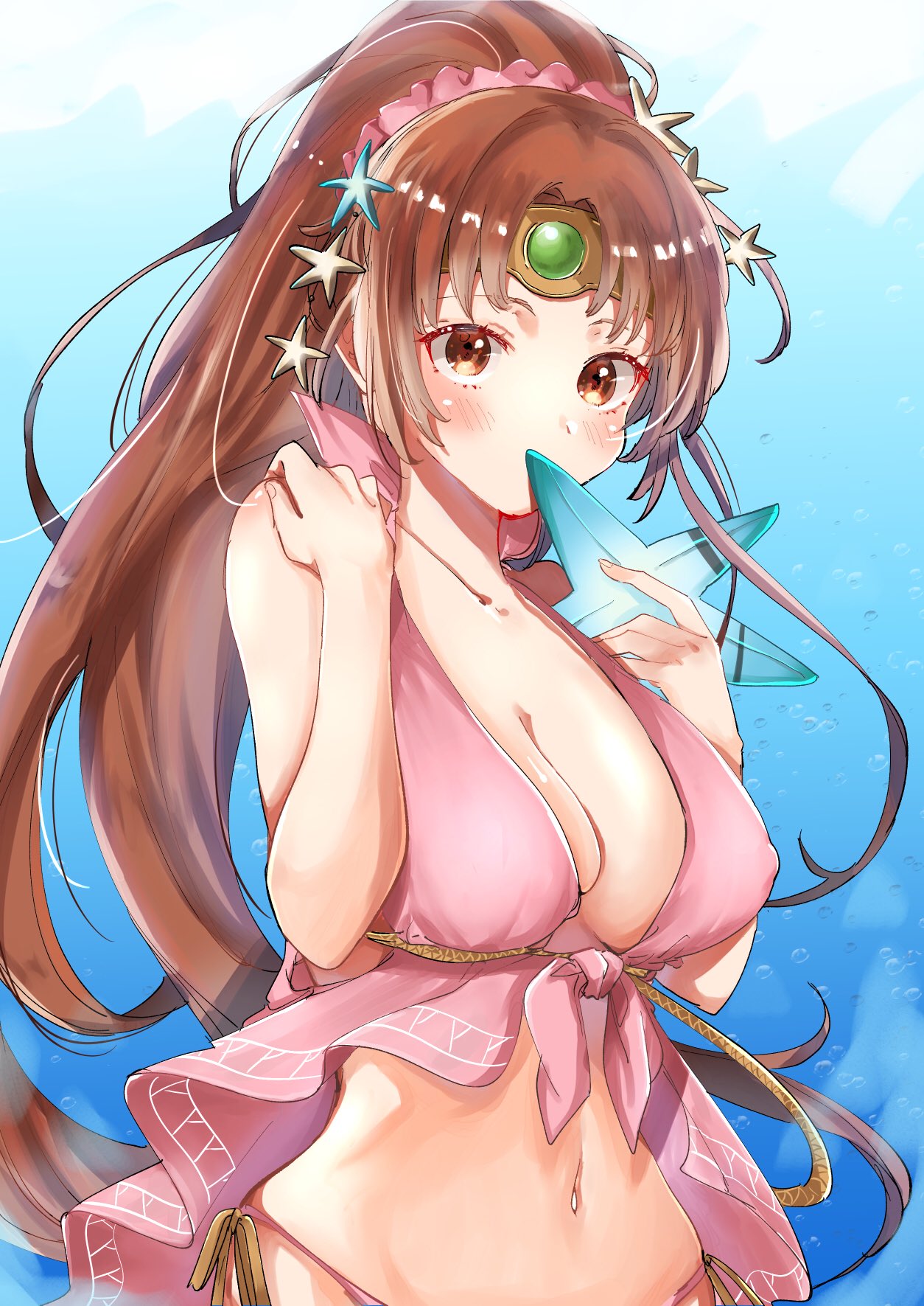 1girl bare_shoulders bikini blush breasts brown_eyes brown_hair bubble circlet cleavage collarbone commentary_request covering_mouth fire_emblem fire_emblem:_mystery_of_the_emblem fire_emblem_heroes hair_ornament hand_on_own_shoulder highres in_mouth intelligent_systems large_breasts linda_(fire_emblem) long_hair midriff navel nekolook nintendo pink_swimsuit ponytail rope side-tie_bottom solo star starfish swimsuit underwater very_long_hair water