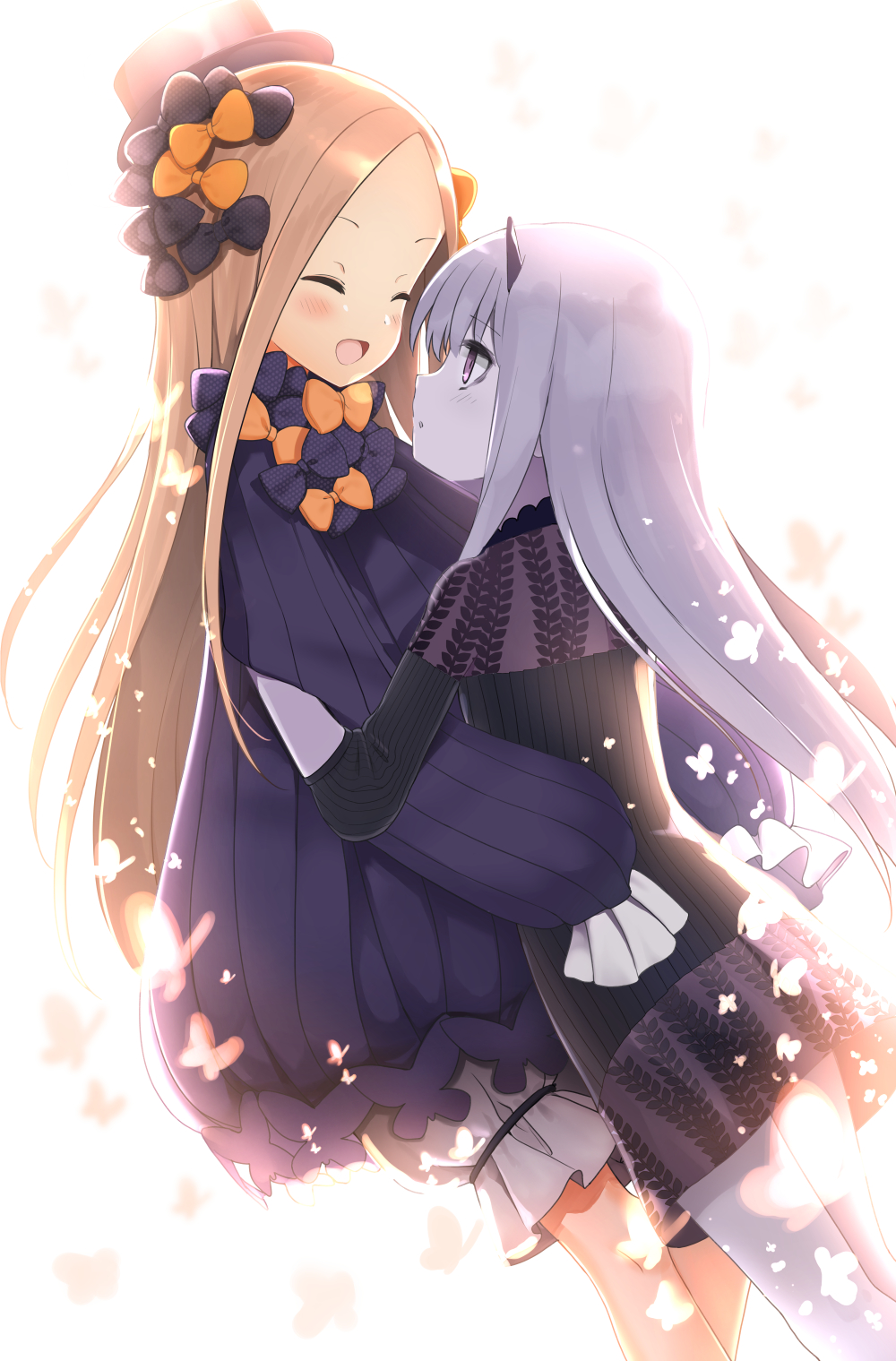 2girls :d :o ^_^ abigail_williams_(fate/grand_order) bangs bell_(oppore_coppore) black_bow black_dress black_hat blonde_hair bloomers blush bow bug butterfly closed_eyes closed_eyes commentary_request dress facing_another fate/grand_order fate_(series) forehead hair_bow hat highres hug insect lavinia_whateley_(fate/grand_order) long_hair long_sleeves looking_at_another multiple_girls open_mouth orange_bow pale_skin parted_bangs parted_lips polka_dot polka_dot_bow silver_hair sleeves_past_fingers sleeves_past_wrists smile underwear very_long_hair violet_eyes white_background white_bloomers