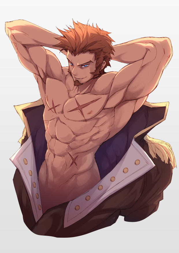 1boy arms_behind_head beard blue_eyes brown_hair chest_scar chinese_commentary commentary_request facial_hair fate/grand_order fate_(series) grey_background looking_at_viewer male_focus muscle napoleon_bonaparte_(fate) open_clothes scar shirtless simple_background smile solo waero