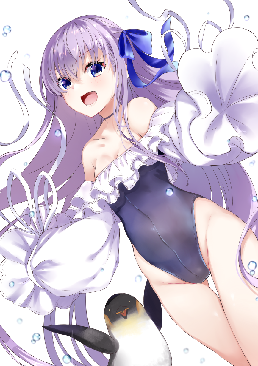 1girl :d animal ass_visible_through_thighs bangs bare_shoulders bird black_choker blue_bow blue_eyes blue_swimsuit blush bow breasts choker commentary_request dutch_angle eyebrows_visible_through_hair fate/grand_order fate_(series) groin hair_between_eyes hair_bow highleg highleg_swimsuit highres long_hair long_sleeves mashiro_aa meltryllis meltryllis_(swimsuit_lancer)_(fate) open_mouth partial_commentary penguin puffy_long_sleeves puffy_sleeves purple_hair revision simple_background sleeves_past_fingers sleeves_past_wrists small_breasts smile solo strapless strapless_swimsuit swimsuit thigh_gap very_long_hair water_drop white_background