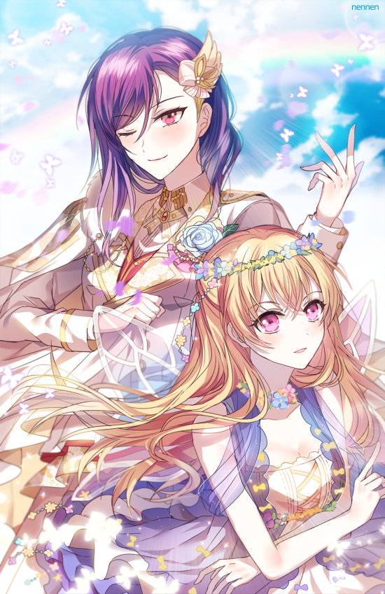 2girls ;) artist_name bang_dream! bangs blonde_hair blue_flower blue_rose boutonniere breasts bug butterfly cleavage clenched_hand day dress fairy_wings flower flower_necklace formal hair_down half_updo hand_on_own_chest hand_up head_wreath insect jewelry long_hair long_sleeves looking_at_viewer multiple_girls necklace nennen one_eye_closed outdoors parted_lips pink_eyes purple_hair rainbow rose seta_kaoru shirasagi_chisato smile suit white_suit wing_hair_ornament wings