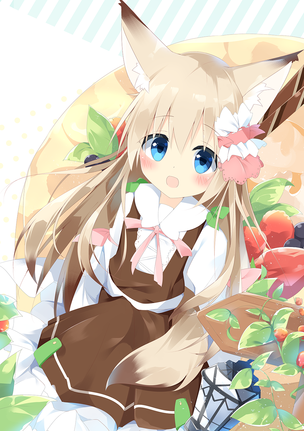 1girl :d animal_ears bangs blue_eyes blush brown_dress commentary_request dress eyebrows_visible_through_hair fox_ears fox_girl fox_tail frilled_dress frills hair_between_eyes hair_ribbon highres juliet_sleeves kushida_you leaf light_brown_hair long_hair long_sleeves looking_at_viewer open_mouth original puffy_sleeves ribbon shirt sleeveless sleeveless_dress smile solo tail very_long_hair white_shirt