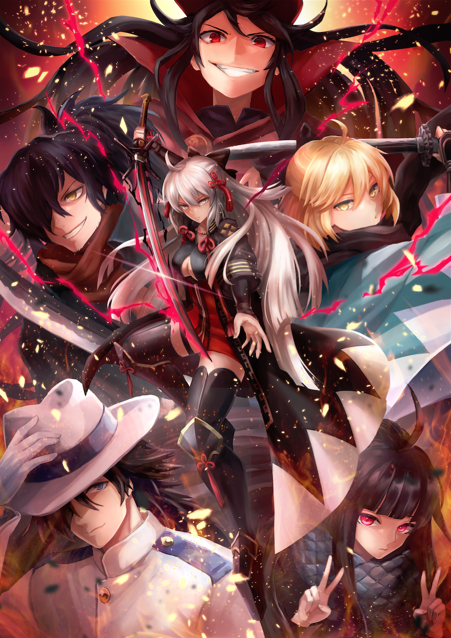 2boys 4girls ahoge bangs black_bow black_hair black_legwear black_scarf blonde_hair blunt_bangs bow breasts cleavage cleavage_cutout double_v dress eyepatch floating_hair gloves grin hair_between_eyes hair_bow hair_over_one_eye hand_on_headwear haori hat high_ponytail highres holding holding_sword holding_weapon japanese_clothes katana knee_pads ko_31 long_hair looking_at_viewer medium_breasts multiple_boys multiple_girls okada_izou_(fate) okita_souji_(alter)_(fate) okita_souji_(fate) okita_souji_(fate)_(all) oryou_(fate) red_eyes sakamoto_ryouma_(fate) scarf short_dress short_hair silver_hair smile sword thigh-highs v very_long_hair weapon white_gloves white_hat yellow_eyes