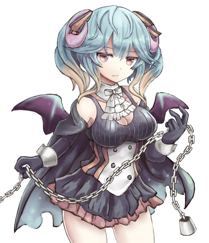 1girl aoiyamagi4 bat_wings black_gloves black_skirt blue_hair blush breasts brown_eyes brown_hair cape chains cleavage demon_horns elbow_gloves gloves gradient_hair hair_between_eyes horns lapis_(sennen_sensou_aigis) large_breasts looking_at_viewer multicolored_hair sennen_sensou_aigis simple_background skirt solo twintails two-tone_hair white_background white_neckwear wings wrist_cuffs