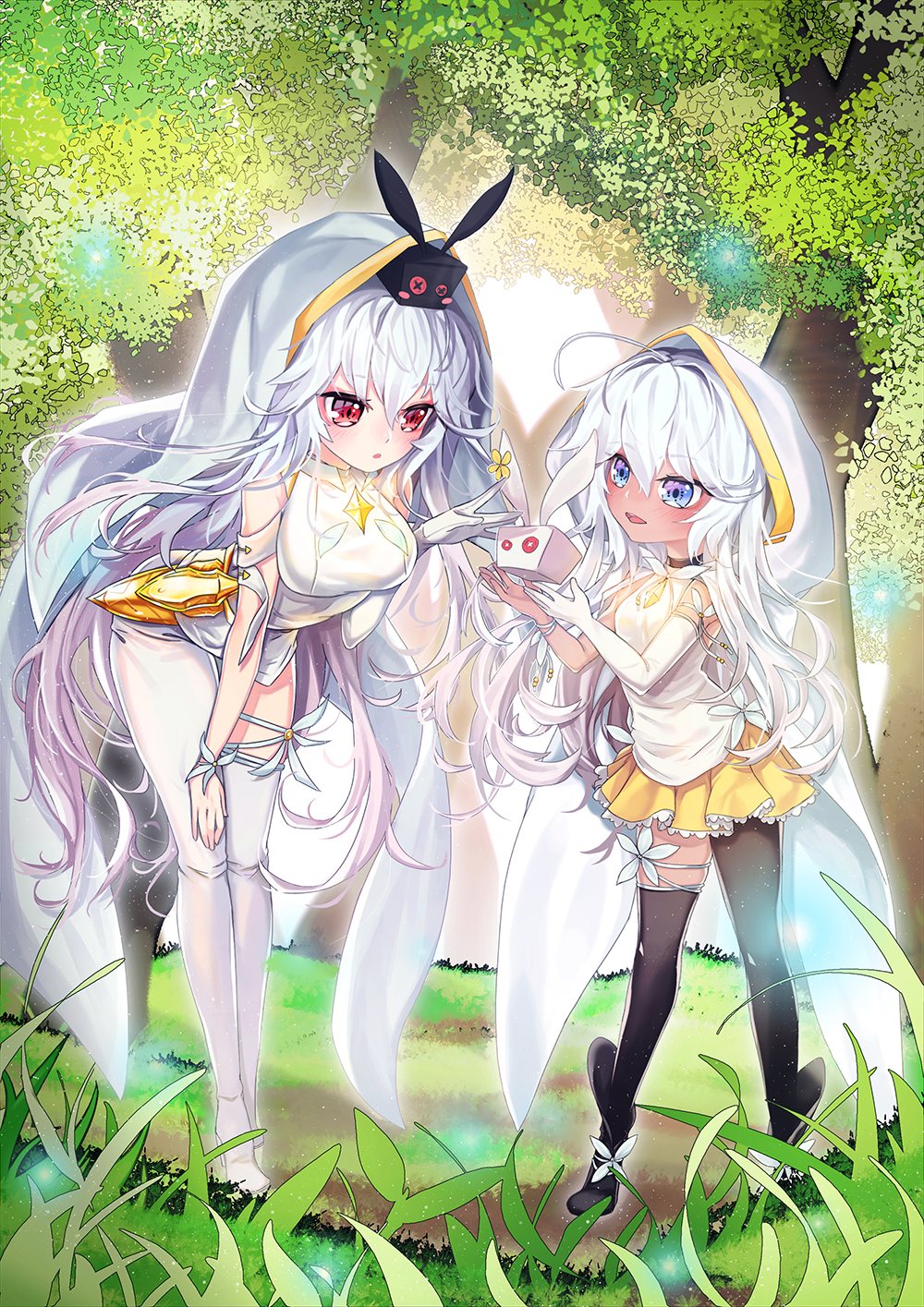 2girls ahoge arched_back asymmetrical_legwear bangs bare_shoulders black_footwear black_legwear blue_eyes boots breasts day dress eirudy elbow_gloves forest frilled_skirt frills full_body gloves gradient_hair hair_between_eyes highres hood hood_up jewelry jjickjjicke large_breasts long_hair miniskirt multicolored_hair multiple_girls nature outdoors pantyhose red_eyes shirt short_dress silver_hair single_glove single_thighhigh skirt sleeveless sleeveless_dress sleeveless_shirt standing thigh-highs white_dress white_hood white_legwear white_shirt witch_springs yellow_skirt