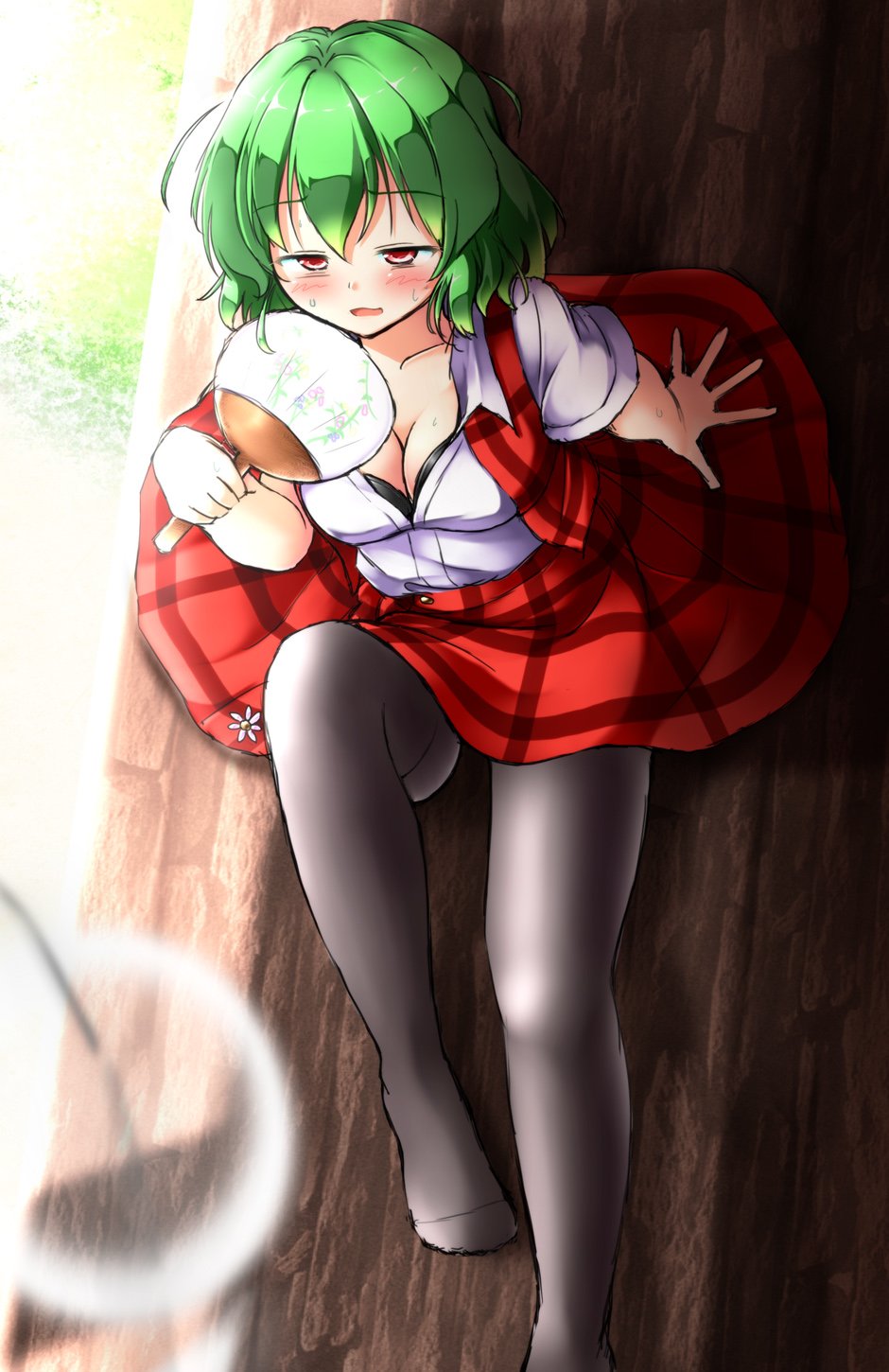 1girl aka_tawashi arm_support black_bra black_legwear blush bra breasts cleavage fanning fanning_face fanning_self green_hair highres hot kazami_yuuka pantyhose plaid plaid_skirt red_eyes red_skirt sitting skirt solo touhou unbuttoned unbuttoned_shirt underwear