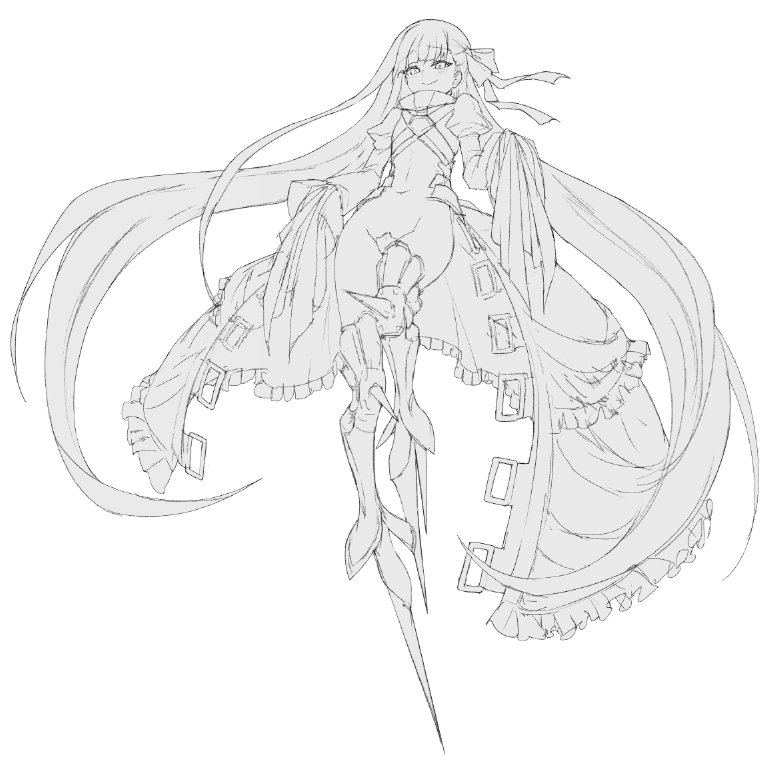 1girl armor armored_boots boots crotch_plate fate/extra fate/extra_ccc fate/grand_order fate_(series) hair_ribbon juliet_sleeves long_hair long_sleeves meltlilith monochrome navel puffy_sleeves revealing_clothes ribbon sketch sleeves_past_wrists smile solo spikes tagme very_long_hair waero