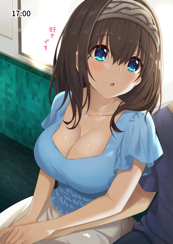 1boy 1girl azuki_yui black_hair blue_eyes blush breasts casual checkered cleavage collarbone commentary_request eyebrows_visible_through_hair hairband hand_holding idolmaster idolmaster_cinderella_girls large_breasts looking_at_another medium_hair open_mouth sagisawa_fumika short_sleeves sitting skirt solo_focus timestamp window