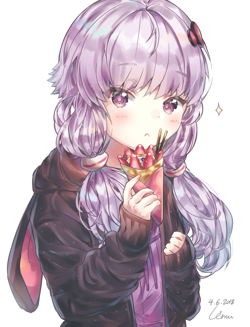 1girl 2018 :&lt; animal_hood artist_name bangs black_jacket blush bunny_hood closed_mouth dated eyebrows_visible_through_hair food fruit hair_ornament holding hood hood_down hooded_jacket jacket long_hair long_sleeves low_twintails open_clothes open_jacket pocky purple_hair rimu_(gucg8333) simple_background sleeves_past_wrists solo sparkle strawberry twintails upper_body violet_eyes vocaloid voiceroid white_background yuzuki_yukari