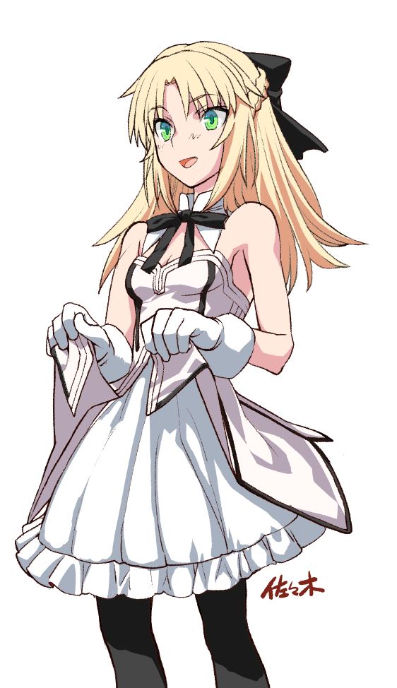 1girl artoria_pendragon_(all) bangs bare_shoulders black_bow black_legwear black_ribbon blonde_hair bow bowtie braid breasts cleavage cosplay cowboy_shot detached_collar dress dress_lift eyebrows_visible_through_hair fate/grand_order fate_(series) french_braid frilled_dress frills gloves green_eyes hair_bow lifted_by_self long_hair looking_at_viewer mordred_(fate) mordred_(fate)_(all) open_mouth pantyhose parted_bangs ribbon saber_lily saber_lily_(cosplay) sasakishonen simple_background small_breasts white_background white_dress white_gloves