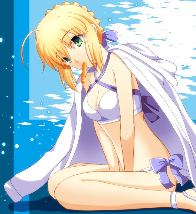 1girl ahoge artoria_pendragon_(all) artoria_pendragon_(swimsuit_archer) between_legs bikini blonde_hair blue_bow blue_ribbon bow breasts cimeri cleavage eyebrows_visible_through_hair fate/grand_order fate_(series) food from_side green_eyes hair_between_eyes hair_ribbon halterneck hand_between_legs head_tilt ice_cream looking_at_viewer medium_breasts mouth_hold ribbon short_hair_with_long_locks sidelocks sitting solo swimsuit white_bikini