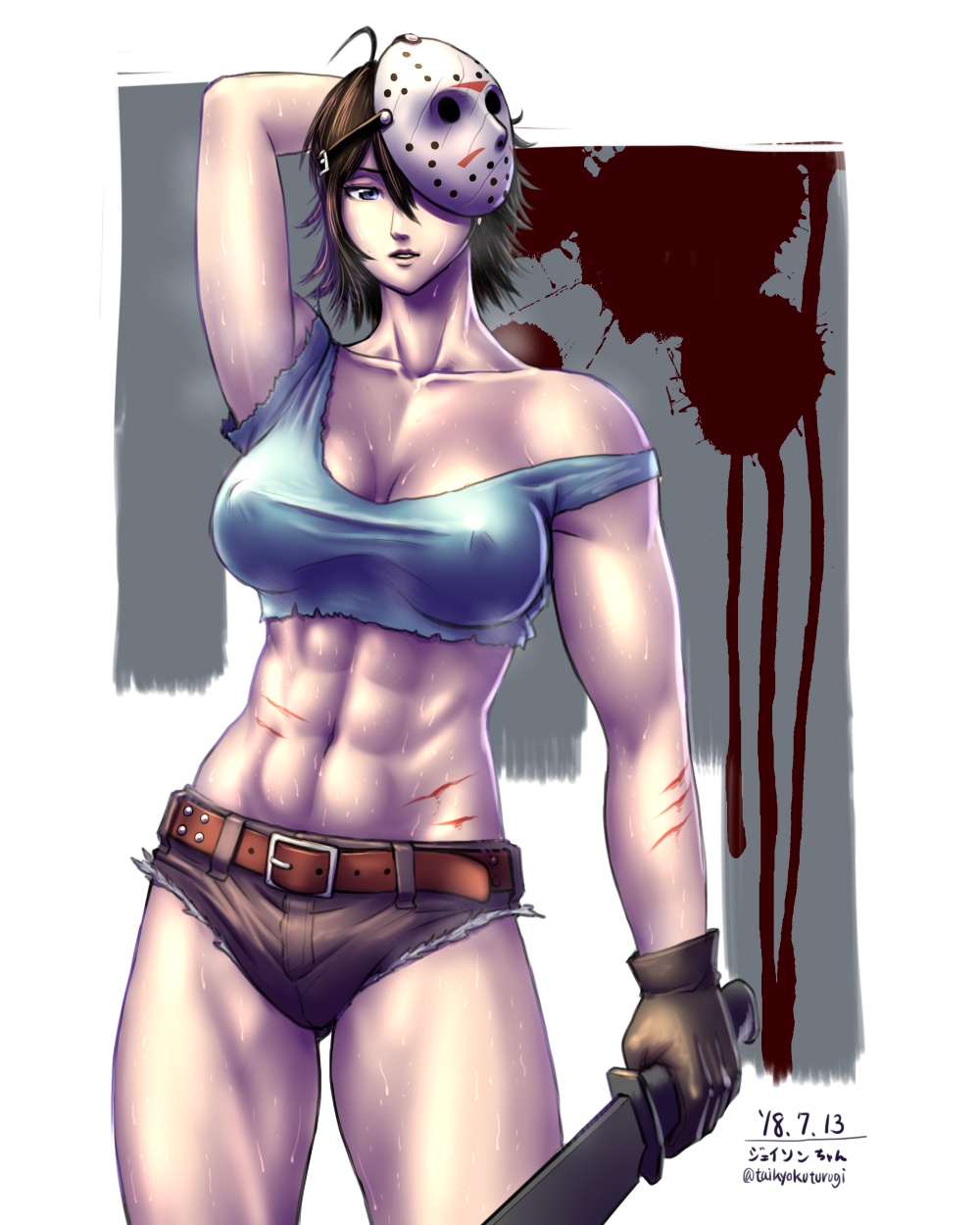 1girl abs arm_up belt borrowed_design breasts brown_gloves cleavage collarbone crop_top cutoffs erect_nipples friday_the_13th genderswap genderswap_(mtf) gloves highres hockey_mask holding holding_weapon jason_voorhees large_breasts machete mask mask_on_head mask_over_one_eye muscle muscular_female navel no_bra off_shoulder scratches short_hair solo stomach sweat taikyokuturugi taut_clothes thighs weapon