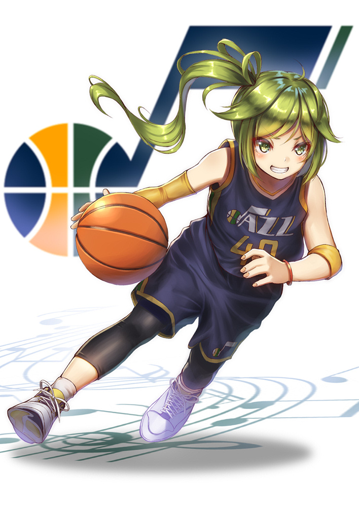 1girl ahoge arm_warmers bare_shoulders basketball bracelet full_body green_eyes green_hair grin jersey jewelry leg_warmers logo long_hair musical_note national_basketball_association salt_lake_city_(azur_lane) shoes shorts side_ponytail sleeveless smile sneakers socks solo sportswear staff_(music) sweatband utah_jazz yakkuro