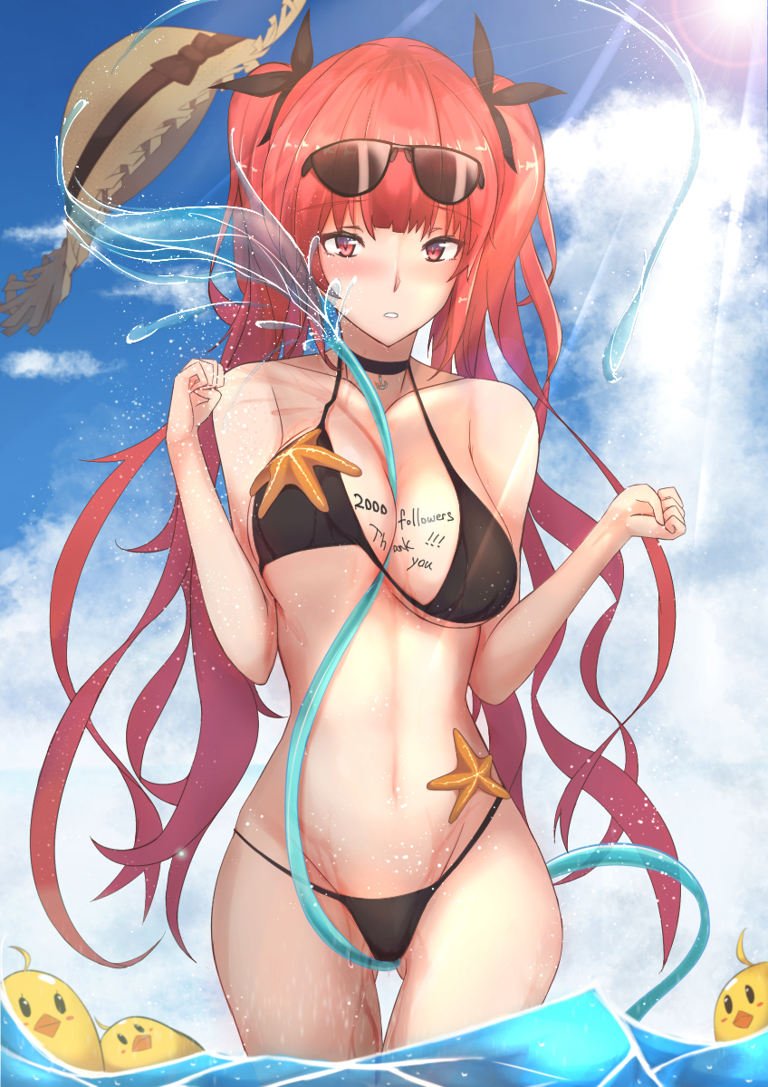 1girl alternate_costume azur_lane bangs bare_arms between_breasts bikini black_bikini black_ribbon blue_sky blush body_writing breast_lift breasts choker cleavage clouds collarbone day eyebrows_visible_through_hair eyewear_on_head gluteal_fold groin hair_ribbon hat hat_removed headwear_removed highres honolulu_(azur_lane) hose in_water large_breasts long_hair looking_at_viewer navel outdoors parted_lips partially_submerged red_eyes redhead ribbon sidelocks sky solo splashing starfish stomach sun sun_hat sunglasses sunlight swimsuit tan thighs twintails water yusha_(m-gata)