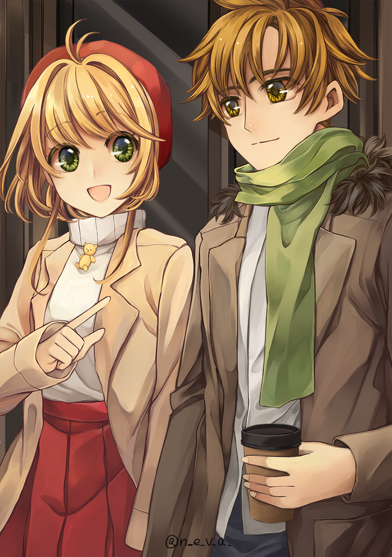 1boy 1girl :d antenna_hair bangs beige_jacket blonde_hair brown_coat brown_eyes brown_hair card_captor_sakura coat couple dress_shirt green_eyes grey_shirt holding index_finger_raised jacket kinomoto_sakura li_xiaolang neva_(n_e_v_a) open_clothes open_jacket open_mouth pleated_skirt red_skirt scarf shiny shiny_hair shirt short_hair_with_long_locks sidelocks skirt smile standing sweater white_sweater