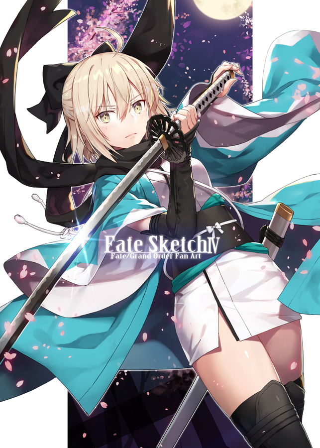 1girl ahoge arm_guards arm_up bangs black_bow black_footwear black_scarf blonde_hair boots bow cherry_blossoms closed_mouth cover cover_page dutch_angle english eyebrows_visible_through_hair fate_(series) full_moon gabiran glint hair_between_eyes hair_bow half_updo haori holding holding_sword holding_weapon japanese_clothes katana kimono koha-ace legs_together long_sleeves looking_at_viewer moon night night_sky obi okita_souji_(fate) okita_souji_(fate)_(all) outdoors sash scabbard scarf serious sheath shinsengumi shiny shiny_hair short_hair short_kimono sidelocks sky solo standing sword thigh-highs thigh_boots tree unsheathed v-shaped_eyebrows weapon white_kimono wide_sleeves wind yellow_eyes