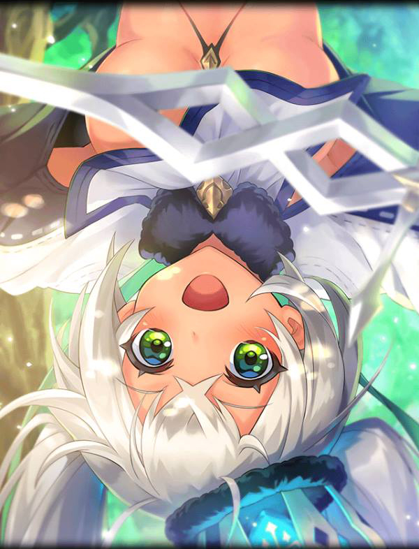 ancient_killers_(phantom_of_the_kill) armor artist_request capelet convenient_censoring crown_hair_ornament damocles_(phantom_of_the_kill) dark_skin fur_collar green_eyes official_art phantom_of_the_kill silver_hair twintails upside-down white_capelet