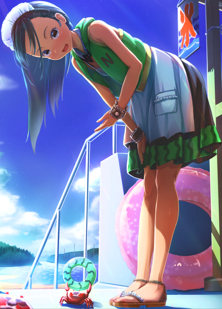 1girl :d abo_(kawatasyunnnosukesabu) animal ankle_strap apron bangs bent_over black_eyes black_hair blue_hair commentary_request crab day green_vest hand_on_own_leg highres hood hood_down hooded_vest innertube kooribata long_hair maid_headdress marine_day ocean open_mouth original outdoors pocket railing sandals skirt smile solo standing vest wrist_cuffs