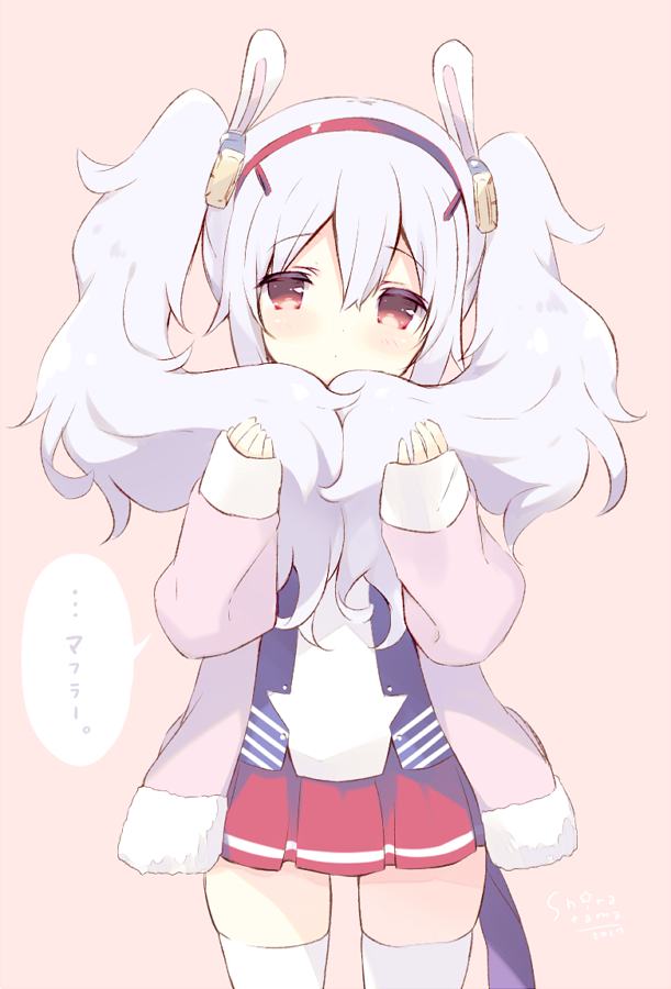 1girl animal_ears azur_lane coat commentary_request expressionless fake_animal_ears hair_lift hairband holding holding_hair laffey_(azur_lane) lavender_hair lifted_by_self long_hair pink_coat rabbit_ears red_eyes red_skirt shiratama_(shiratamaco) skirt solo thigh-highs twintails white_legwear