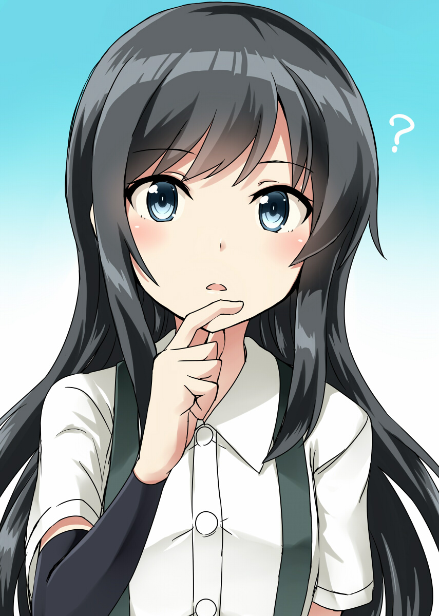 1girl ? artist_name asashio_(kantai_collection) black_hair blue_eyes commentary_request dated highres kamelie kantai_collection long_hair looking_at_viewer short_sleeves solo suspenders