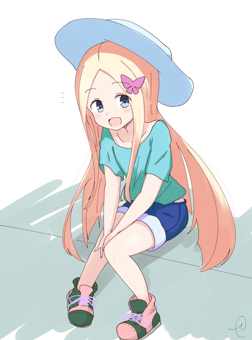 1girl abigail_williams_(fate/grand_order) bangs blonde_hair blue_eyes blue_shorts blush butterfly_hair_ornament collarbone commentary_request eyebrows_visible_through_hair fate/grand_order fate_(series) forehead green_footwear green_shirt hair_ornament hat highres kujou_karasuma long_hair looking_at_viewer notice_lines parted_bangs print_shirt shirt shoes short_shorts short_sleeves shorts signature sitting solo star star_print very_long_hair white_hat