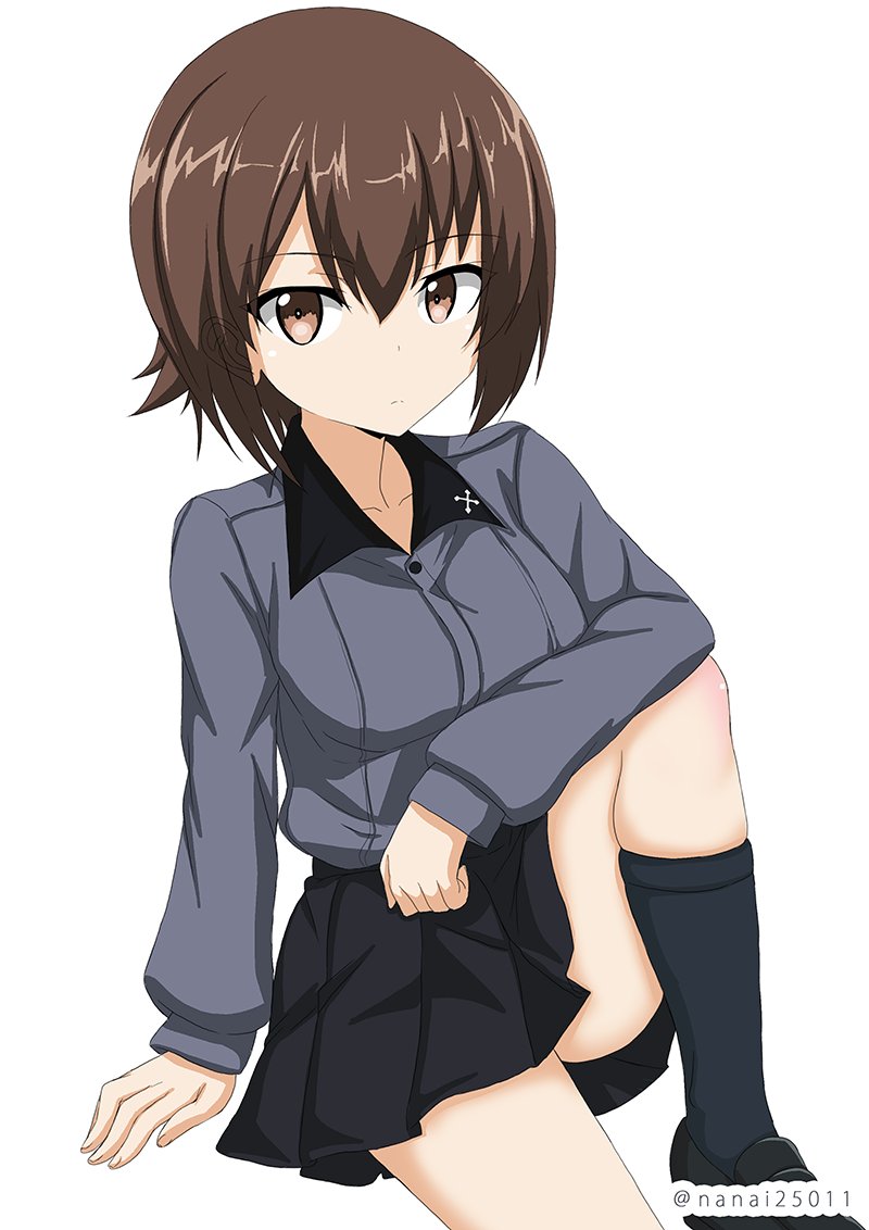 1girl arm_support bangs black_legwear black_skirt brown_eyes brown_hair closed_mouth commentary dress_shirt elbow_on_knee emblem girls_und_panzer grey_shirt kuromorimine_school_uniform leg_up light_frown loafers long_sleeves looking_at_viewer miniskirt nishizumi_maho pleated_skirt shibagami shirt shoes short_hair simple_background sitting skirt socks solo twitter_username white_background