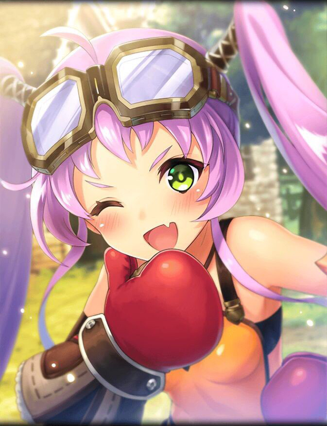 armor artist_request blush boxing_gloves breasts dragon_genesis fang goggles goggles_on_head green_eyes house official_art one_eye_closed open_mouth phantom_of_the_kill purple_hair sleeveless small_breasts strapless tubetop twintails