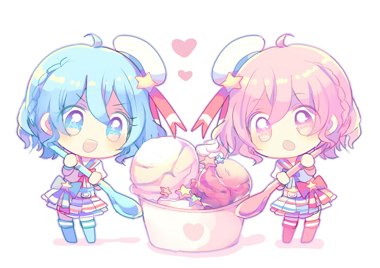 1boy 1girl :d :o ahoge bangs blue_bow blue_eyes blue_footwear blue_hair bow braid brother_and_sister chibi crossdressinging dorothy_west food hat hat_ribbon heart holding holding_spoon ice_cream leona_west minigirl open_mouth pink_bow pink_eyes pink_hair pripara red_ribbon ribbon sailor_hat short_hair siblings side_braid skirt smile spoon standing star star_hat_ornament striped striped_skirt trap twins v-shaped_eyebrows yukiichigo